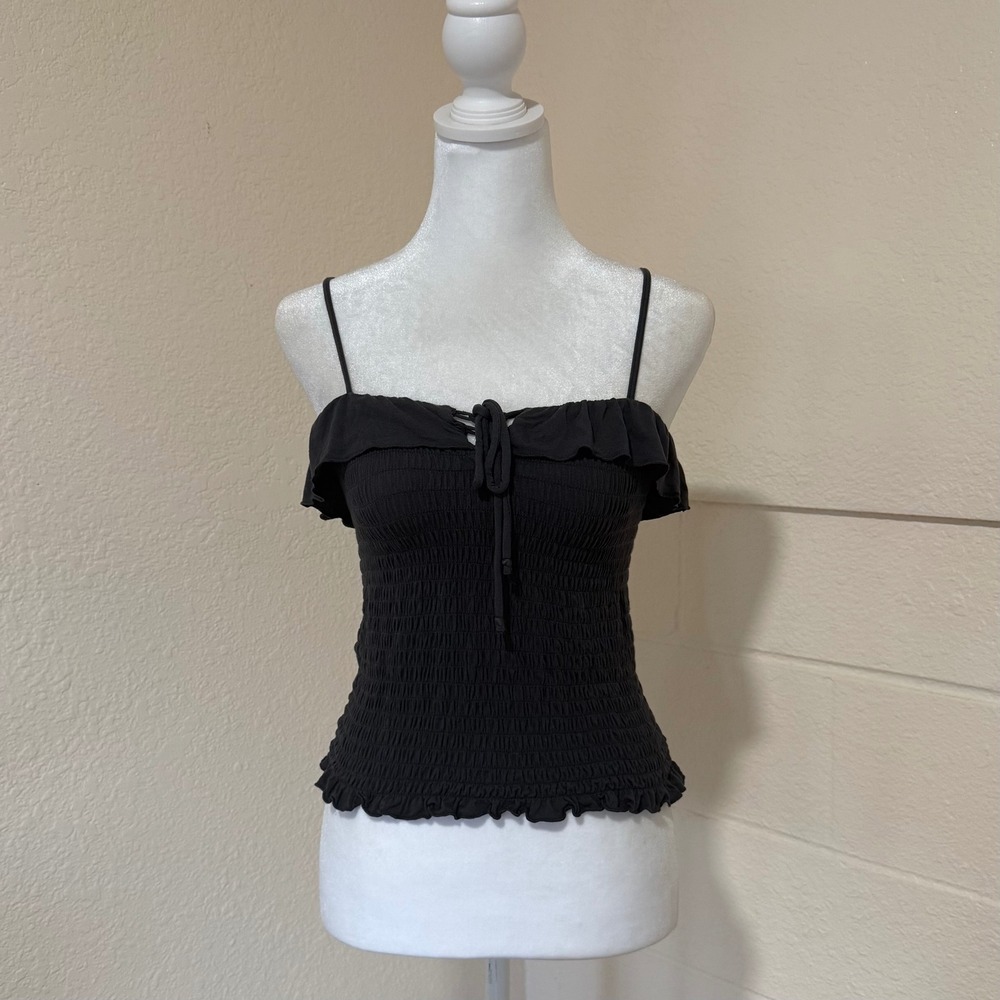 American Eagle Smocked Cami Top Womens S Charcoal Grey Ruffle Tie Front Romantic